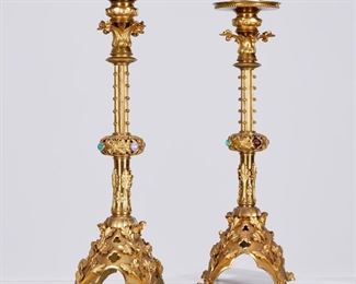 Pair Gothic Revival jeweled bronze lamps