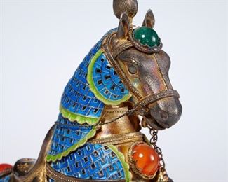 (2) Chinese enameled and jeweled silver horses