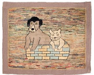 American Folk Art cat & dog hooked rug