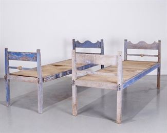 Pair antique Provincial blue painted daybeds