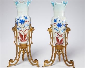 Pair Victorian bronze, enameled glass vases