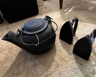 Wrought Iron Kettle & Sad Irons