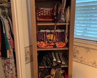 Tall narrow shelf & handbags