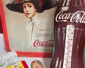 Coca-Cola tray, thermometer, bottle opener