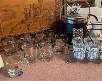 Wooden inlaid tray & bar items