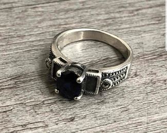 925 sterling silver blue faceted glass ring size 6.5 4.09 grams $50