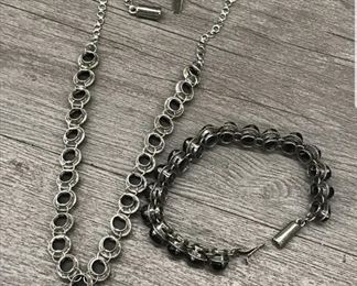 Sterling silver black cats eye stone necklace 17 inch chain  7 inch bracelet 37.1 grams $150