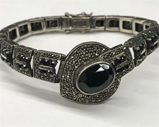 Vintage sterling silver snake shaped bracelet with black tourmaline stone marcasite 7 inches 35.1 grams  $85