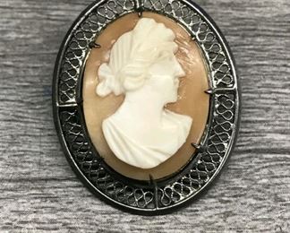 Vintage Sterling silver carved cameo pin brooch $50