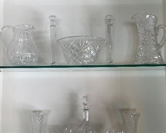 Waterford Bowl (top shelf) Royal Brierley "Gainsborough" Decanter and 10 Port Wine Stems