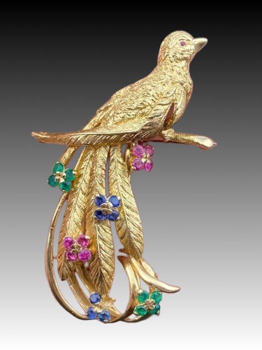 14K HEAVY 18.39GRAMS, 3” LONG BIRD BROOCH