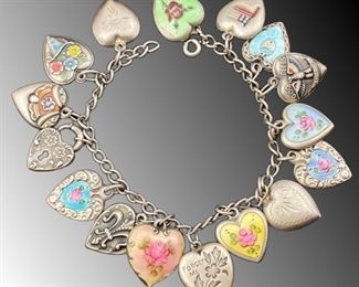Vintage Sterling silver puffy hearts charm bracelet 