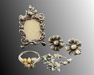 Sterling mini picture frame,earrings, ring