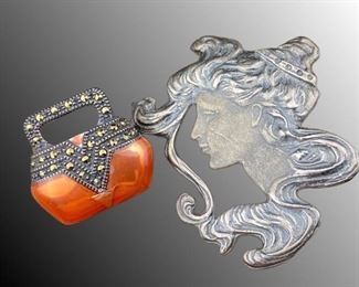 Vintage sterling Judith Jack enamel brooch and art nouveau style sterling brooch