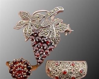 Sterling garnet rings, brooch