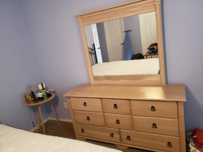 blond wood bureua with mirror