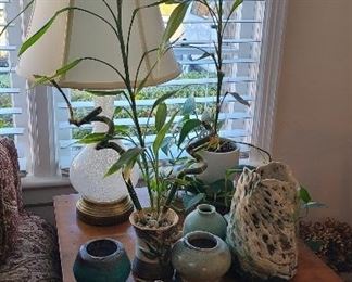 Assorted pottery, lamp
