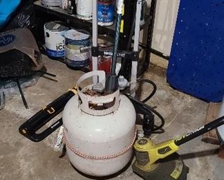Propane tank, string trimmer, dolly