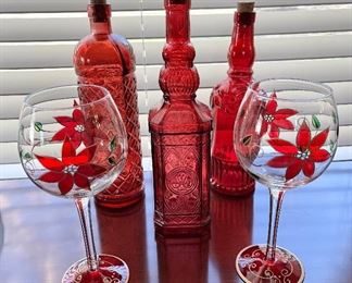 Red Glassware and Pair of Hand-painted Poinsettia Wine Glasses
