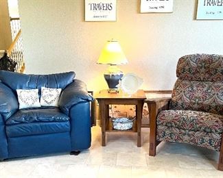 Blue Leathercraft Chair $275, Stickley Mission-style Side Table $300, Stickley Recliner $550