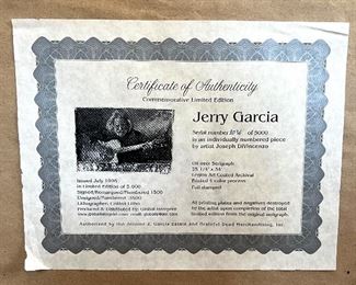 Artist Signed and Numbered 2036/5000 "Jerry Garcia" Serigraph  by Joseph Divincenzo with Certificate of Authenticity on back
