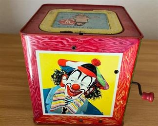 1961 Mattel Jack-in-the-Box Wind Up Toy - No Music.  Handle turns but lid doesn't pop up - $20