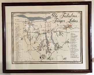1984 Finger Lakes Framed Map Painting by Mona Trezise
