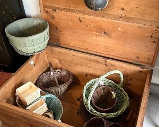 Huge Wooden Trunk loaded with Primitive wood baskets