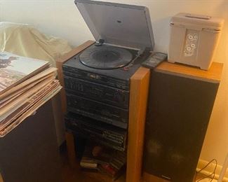 Stereo : Record Player double cassette Radio and speakers-works