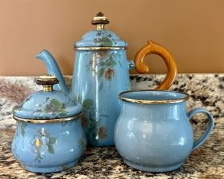 Mackenzie Childs Victoria and Richard Enamelware Sugar Bowl, Tea Cup and Teapot