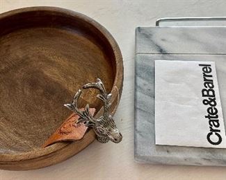 Great giftable Items - wooden bowl with deer head handles and marble Crate and Barrel cheese board