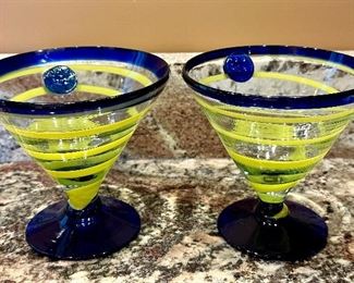 Hand Blown Yellow and Blue Margarita Glasses