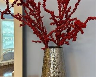 Pair, Decorative Silver Metal Vases with Red Berry Stems