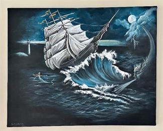 "Pirate Ship" Oil on Canvas, Signed