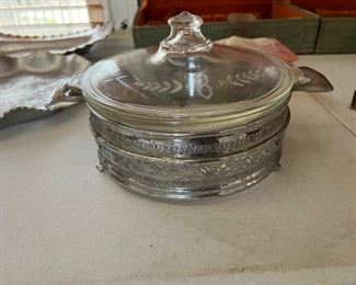 Etched glass & silver plate serving pieces 
