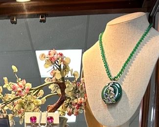 Jade necklace with a peacock with jewels, set of Swarovski crystal necklace and ear rings.