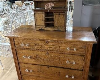 Oak dresser with antique crystal handles, salesman sample of a miniature Hoosier