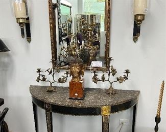Art Deco half-moon black , with granite top. Bronze candlesticks with birds and branches, eagle federal mirror, candle sconces solid brass with large hurricane glass globes.