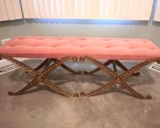 Hollywood Regency, gold guit X pattern bench with tufted velvet pillow top