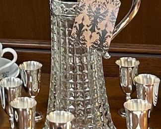 Crystal decanter with silver- plate shot glasses