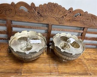 Long Primitive Bench, with silver large Champaigne buckets, perfect for huge floral arrangements too. fill with ice and beers for your next party.