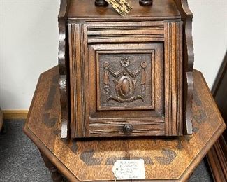 Fireplace box for cleaning ashes, walnut with carvings, octagon oak 1930's side table