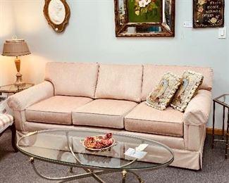 Brand new blush bakers sofa, mid century steel and rams head oval coffee table