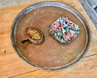 Large copper  brass tray and vintage items 