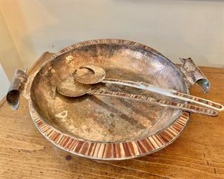 Emilia Castillo serving dish and servers (some inlay loss on spoon) 