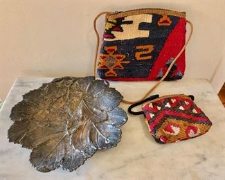 Metal leaf dish and vintage woven textile purses 