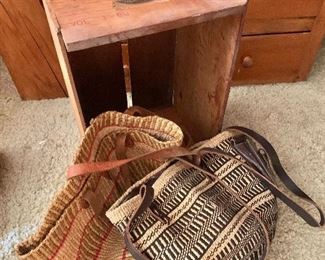 Vintage crate and straw purses 