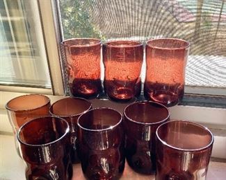 Mid Century Vintage  Pinched / Thumbprint Drinking Glasses  Purple Amethyst Set of 9