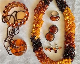 Amber necklaces, bracelets, earrings and ring 