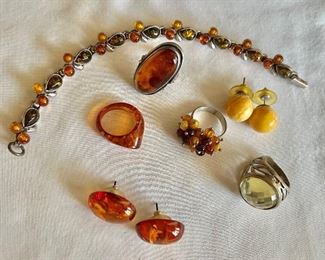 Amber rings, bracelets, earrings 